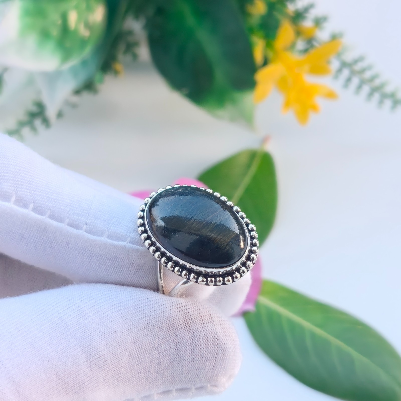 Black Fossil Coral Gemstone 925 Silver Handmade Statement Ring Jewelry