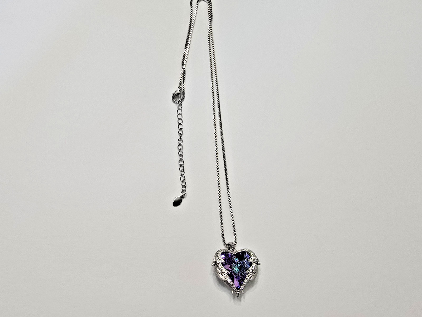 Angel Wings Blue Purple Crystal Heart Silver Tone Pendant Necklace