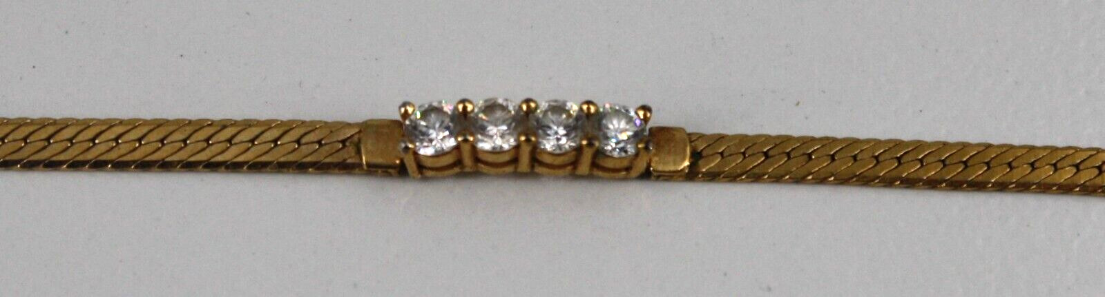 Vintage Gold Tone Metal Clear Glass 4mm Wide Herringbone Chain Bracelet 7″