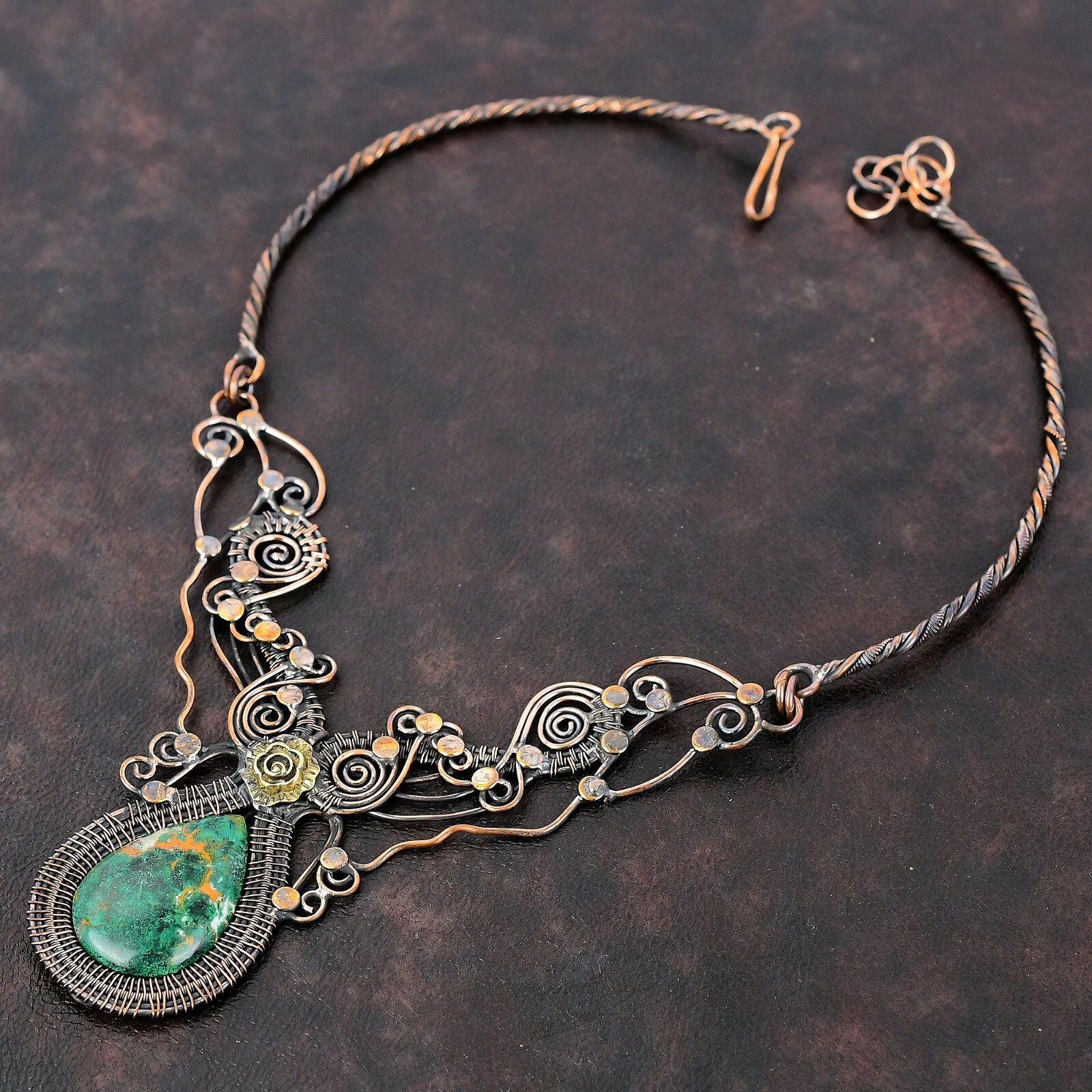 Cuprite Chrysocolla Wire Wrapped Flower Chain Adjustable Necklace Copper 18.0″