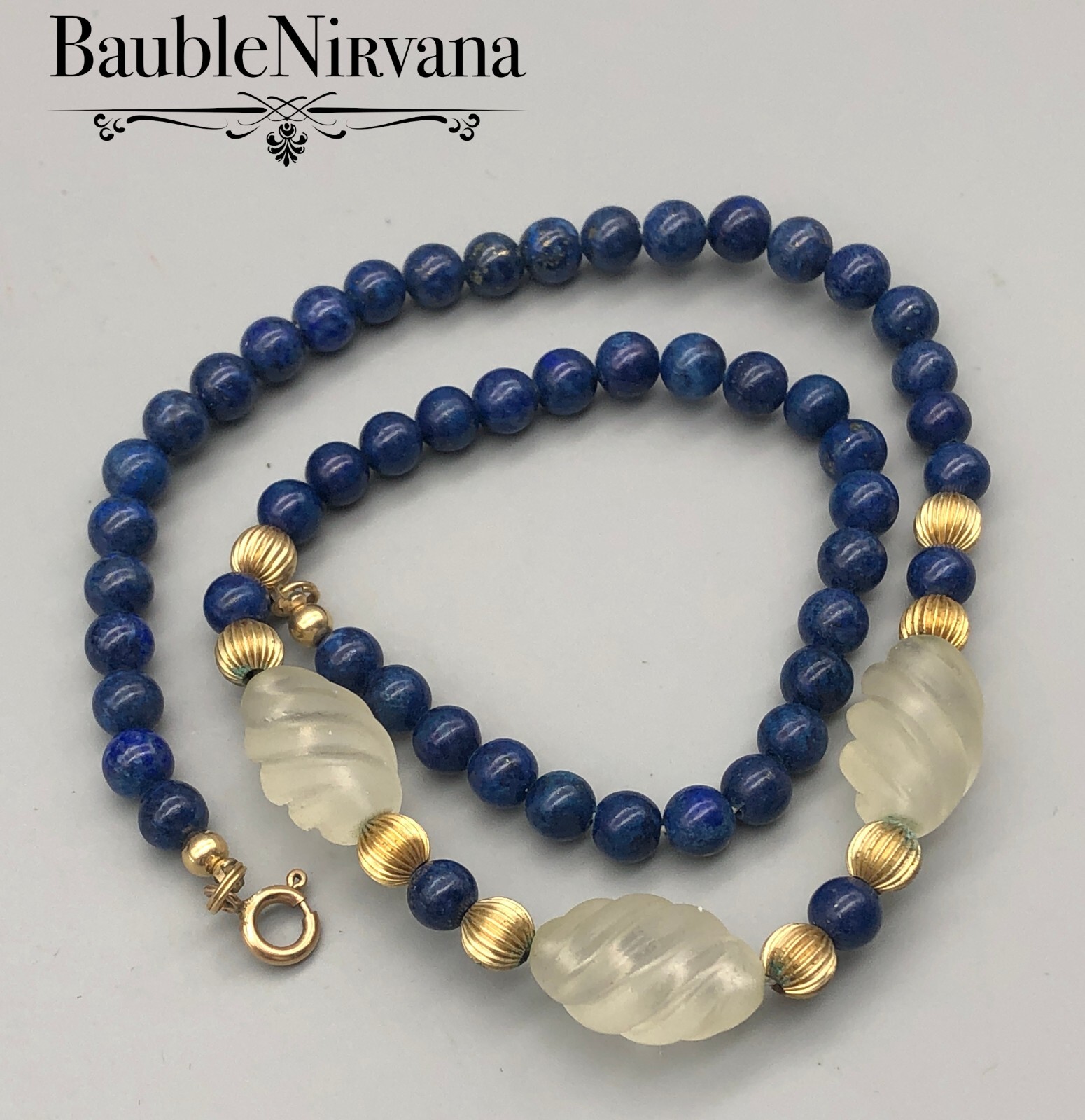 Vintage Lapis Lazuli Blue Swirl Frosted Crystal& Goldtone Beads Elegant Necklace