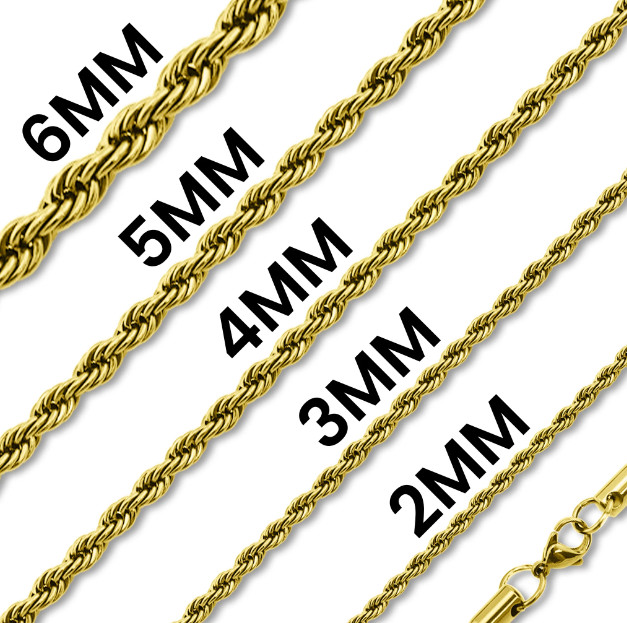 Stainless Steel 18k Gold PVD Coated Rope Chain Necklace 20″ Men Women 2/3/4mm