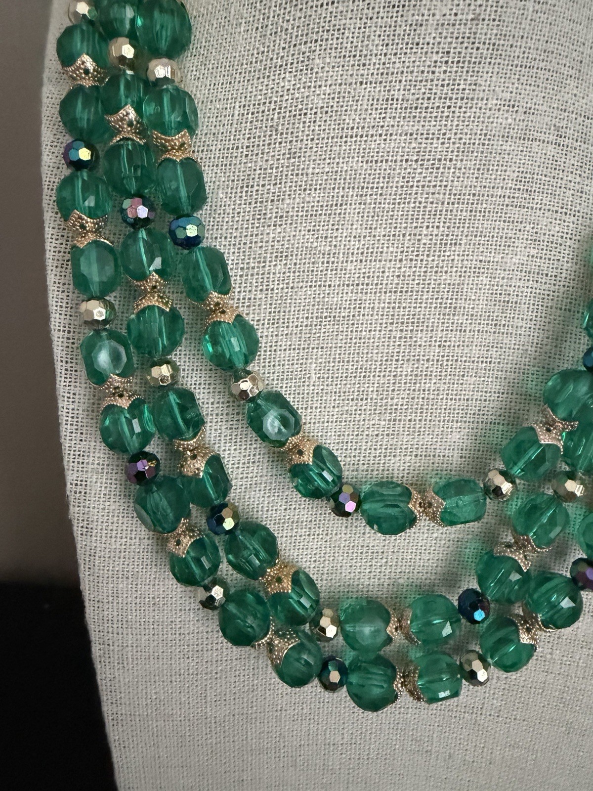 Hong Kong Vintage Vibrant Green Bead Triple Strand Necklace~Signed