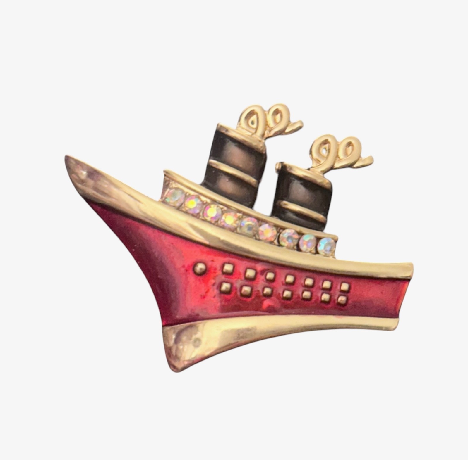 Pin/Brooch- SHIP – red gold black- rhinestones – boat -smokestacks