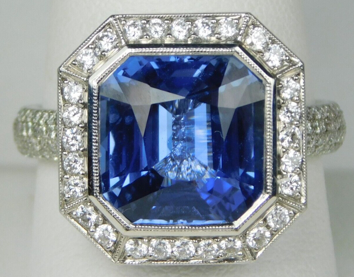 Platinum EC Sapphire & Halo Diamond Ring GIA Beryllium Diffused Sz 9.5 B9283
