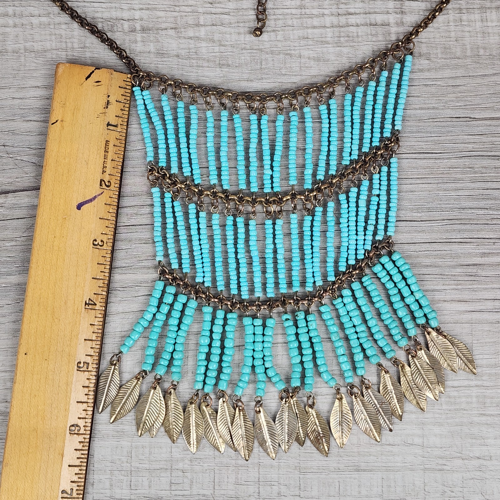 Vintage Turquoise Seed Bead Fringe Bib Necklace Leaves Charms Boho Tribal