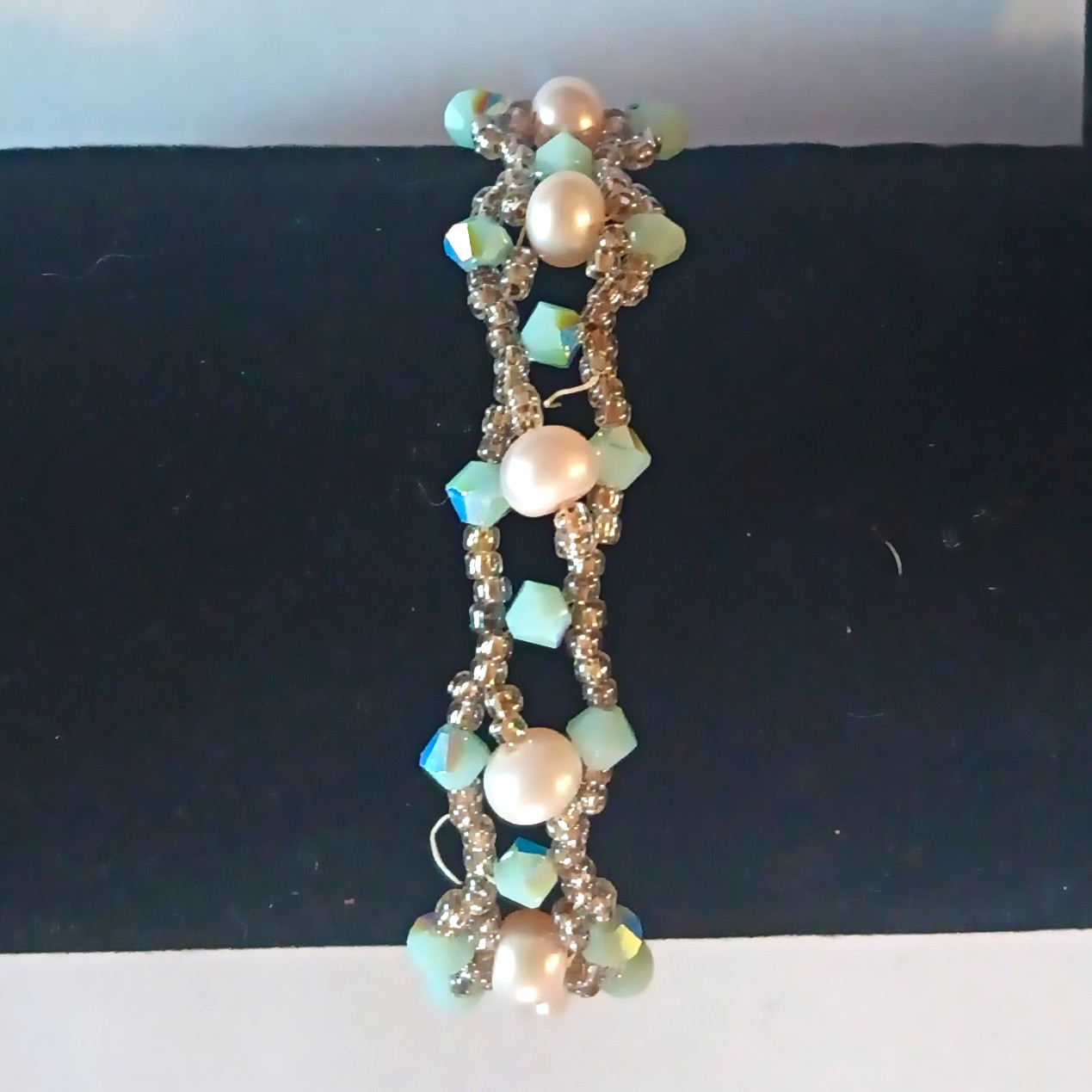 Silver Plated Beaded Chain Bracelet White Round Pearls & Green Crystals Hook