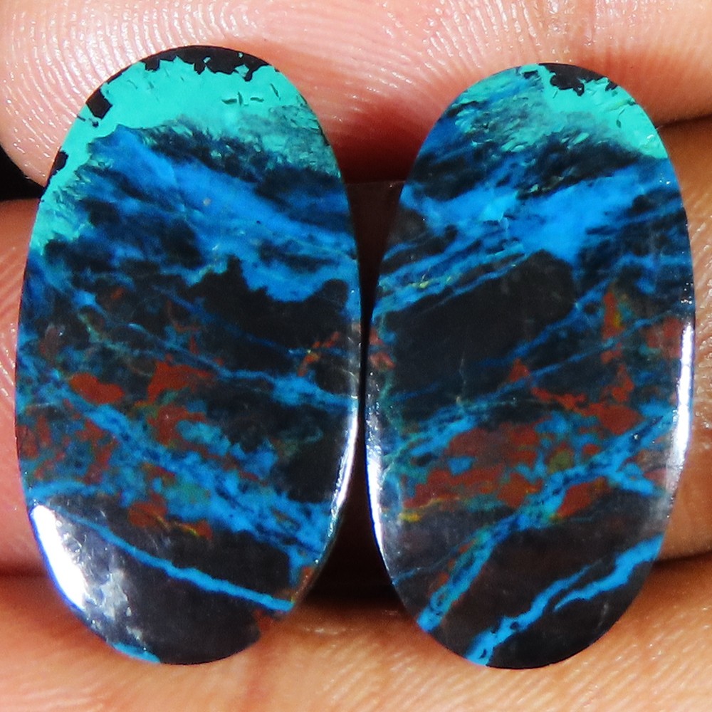 natural AZURITE pair oval cabochon Opaque gemstone 28.00 Carat. (12x23x3 mm)