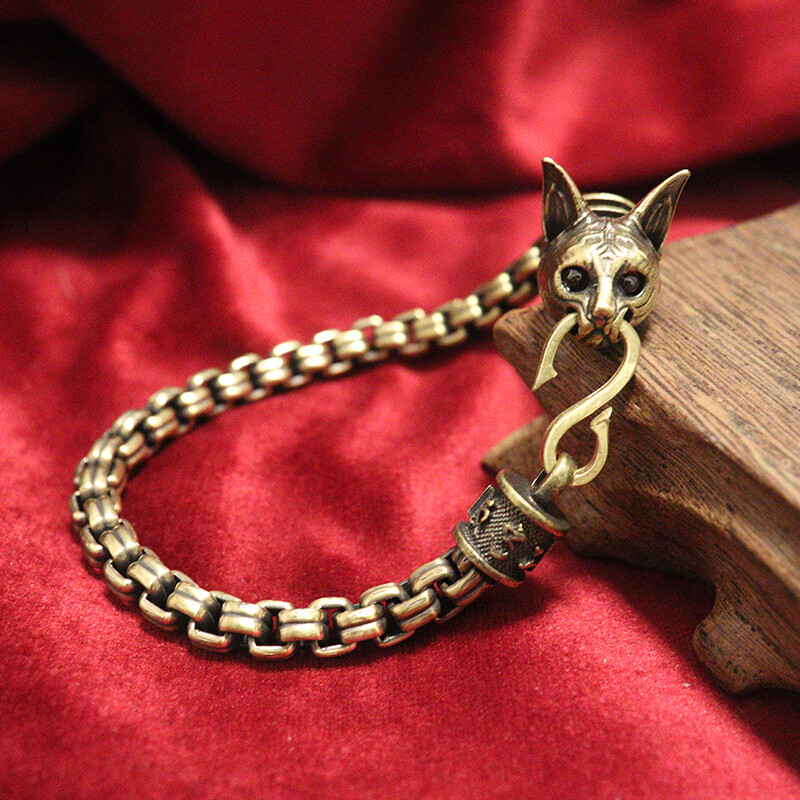 Bastet w/ Garnet Eyes Brass Ancient Egyptian Cat Deity Golden Chain Bracelet