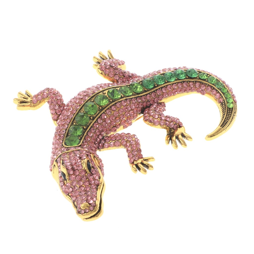 Antique Gold Tone Alloy Metal Large Alligator Rhinestone Brooch P1626-PNG