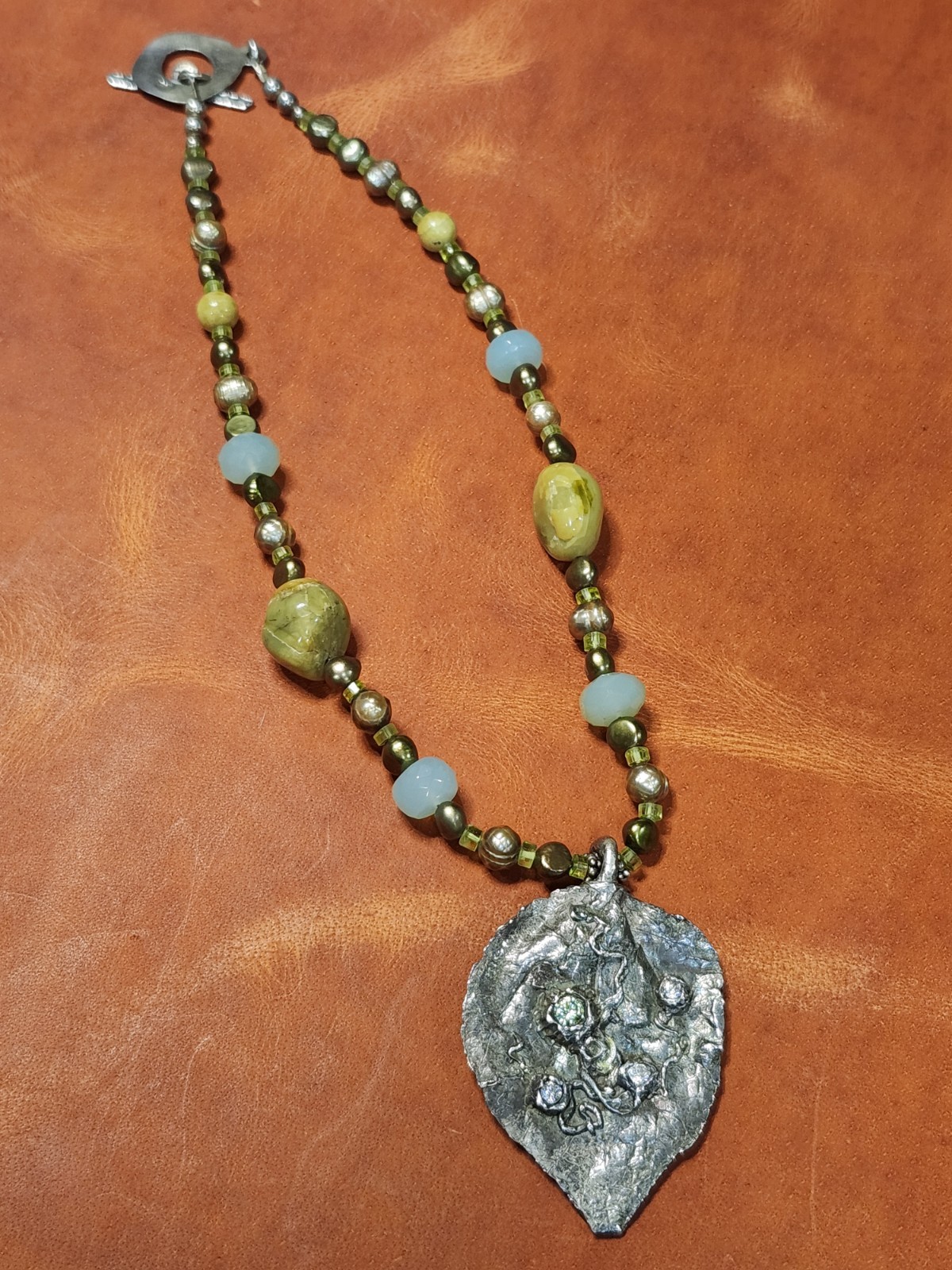 Handrafted .999 Fine Silver Artisan Necklace With Natural Stones & Pearls