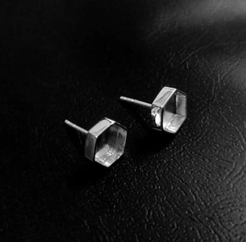 925 Sterling Silver Hexagon Bezel Stud Earrings Blank Cup for Resin Gemstone DIY