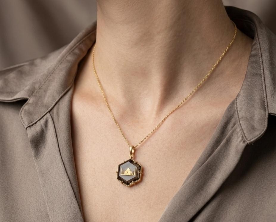 Natural Smokey Quartz Taj mahal Pendant 925 sterling silver gold plated pendant