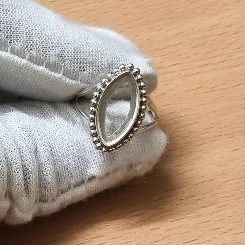 925 Sterling Silver 8x16mm Marquise Bezel Ring Blank Beaded Band DIY Jewelry