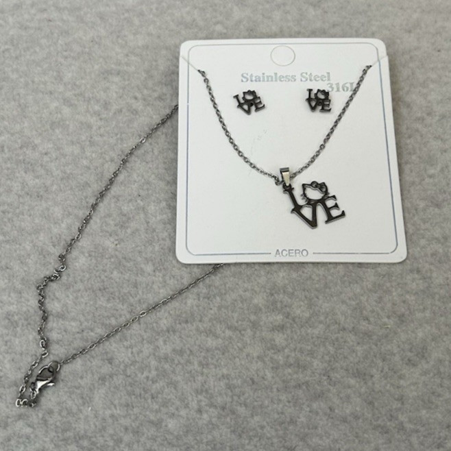 Set of Hello Kitty Love Inspired Necklace Silver Stainless Steel 17 ” & Earrings