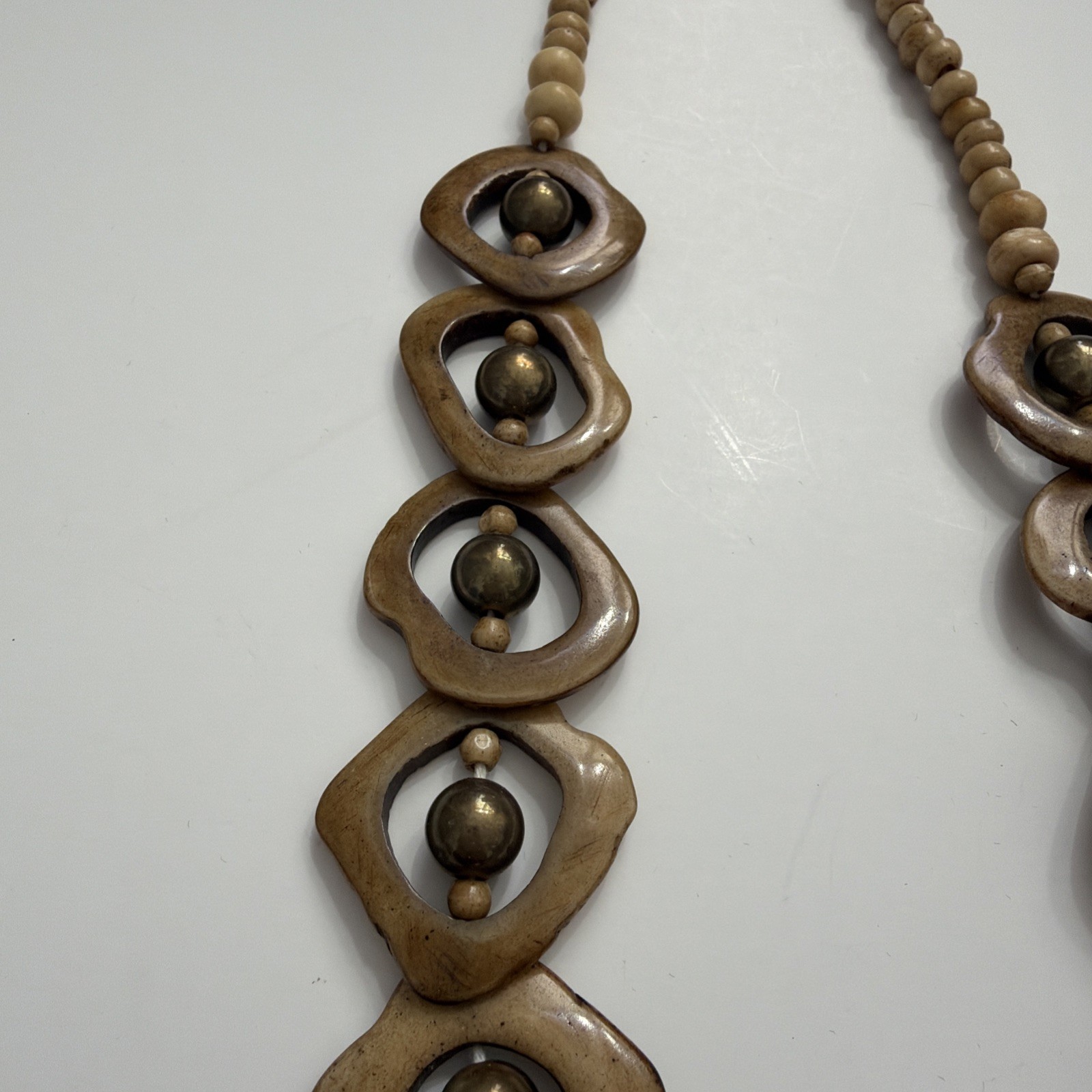 Artisan Vntg Wood Statement Necklace Carved Wooden Links with Brass Tone Beads