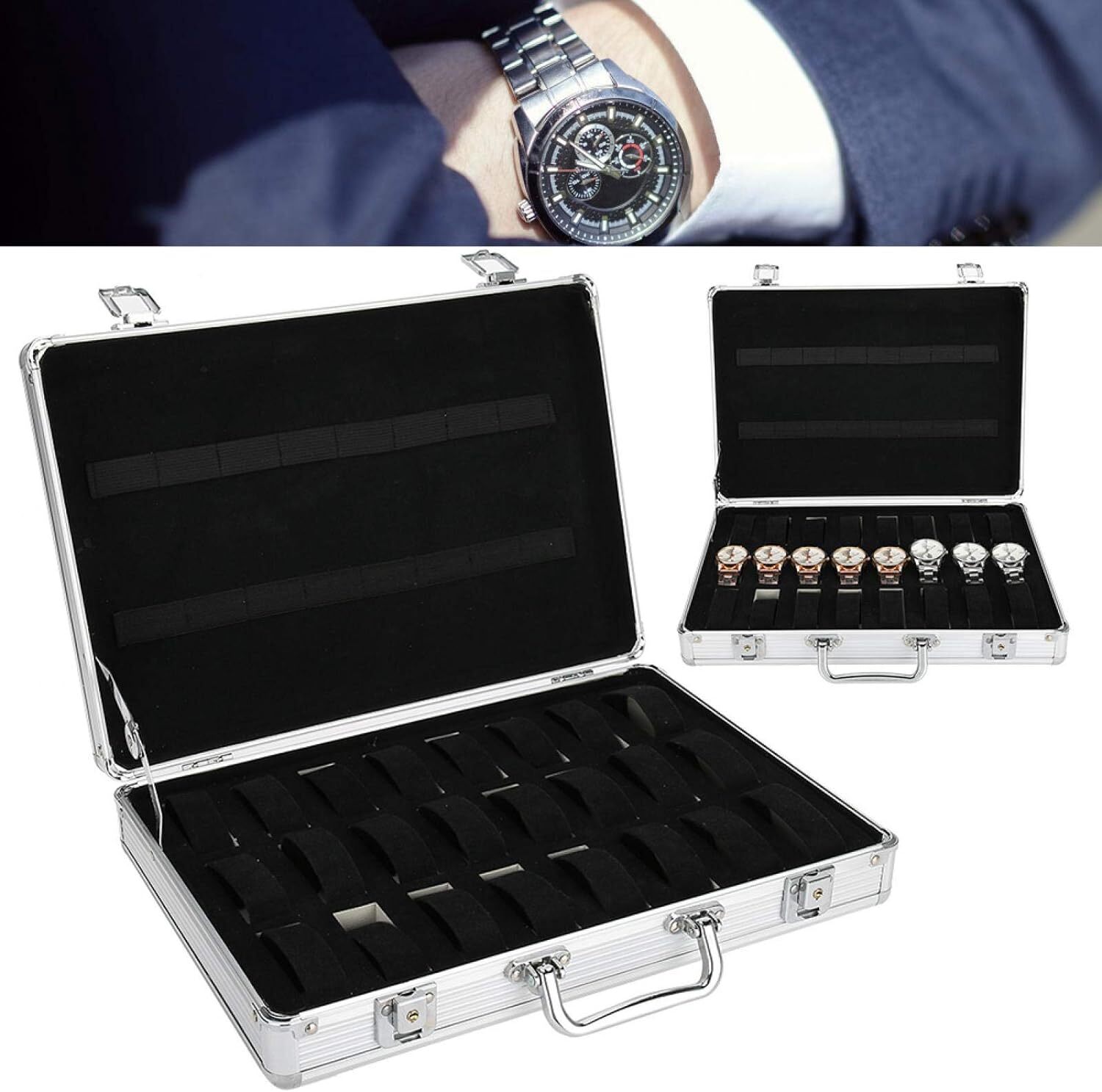 Aluminum Watch Case 24 Grids Briefcase Storage Box Watches Collectors Display