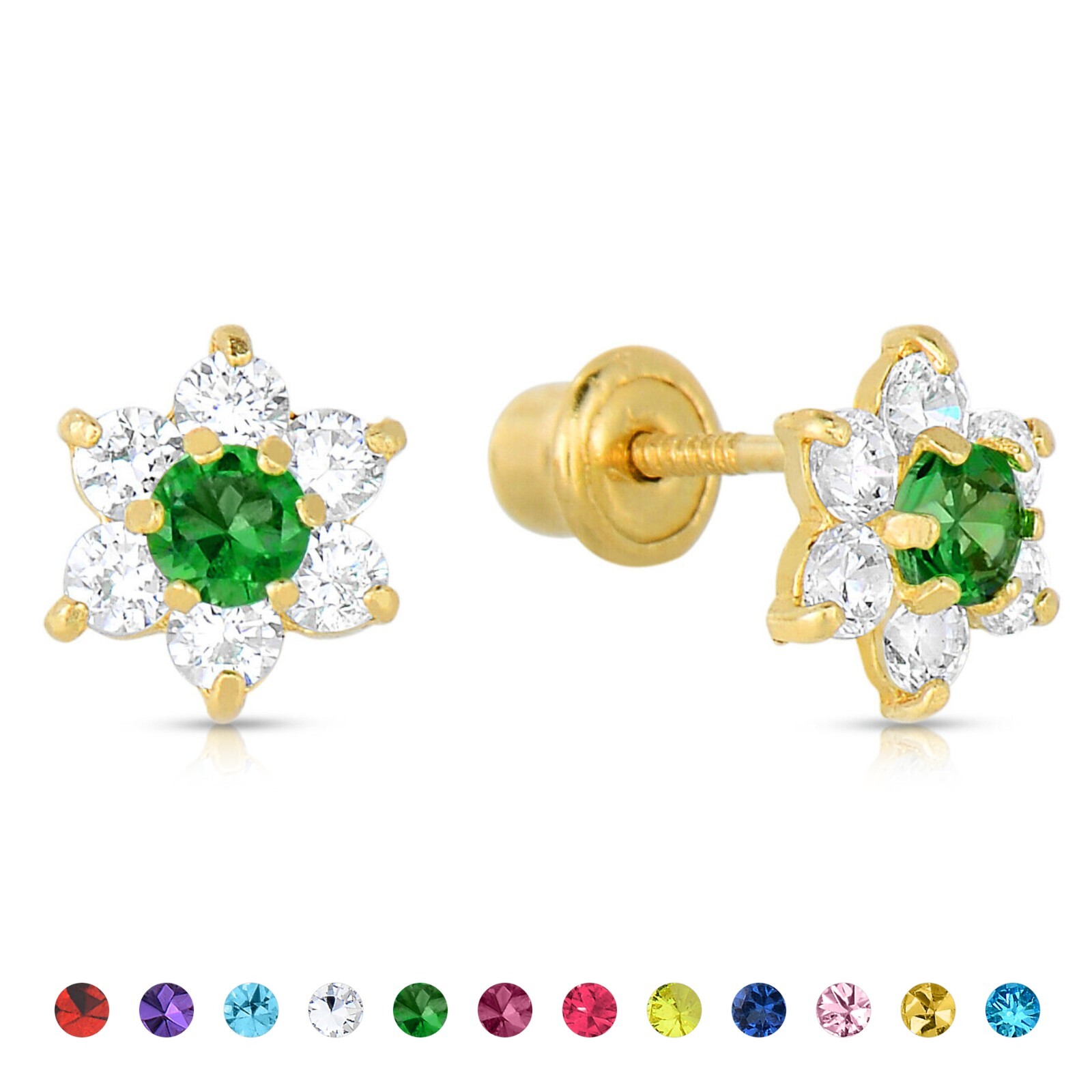 14K Real Solid Gold Flower Halo Birthstone CZ Sleeper Studs Earrings Screw-back