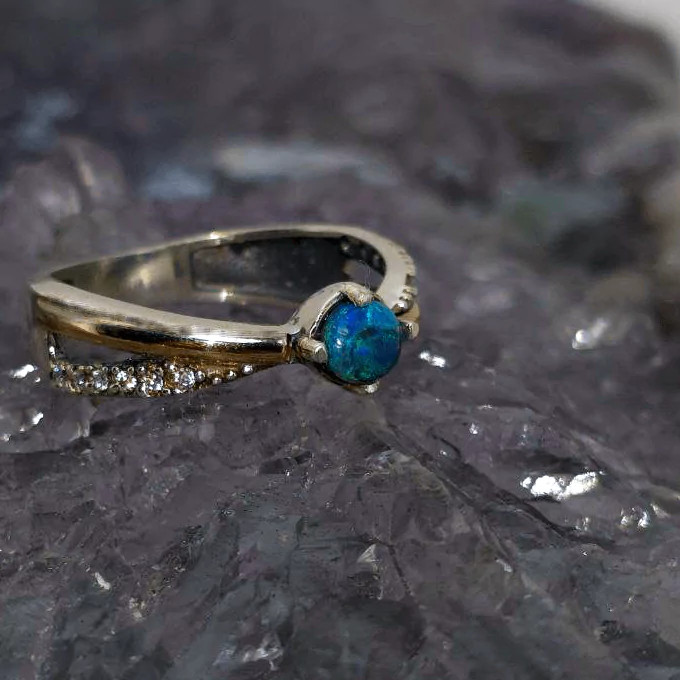 Natural Lightning Ridge Black Opal 0.40ct 925 Silver & 9K Gold with CZ Ring US 8