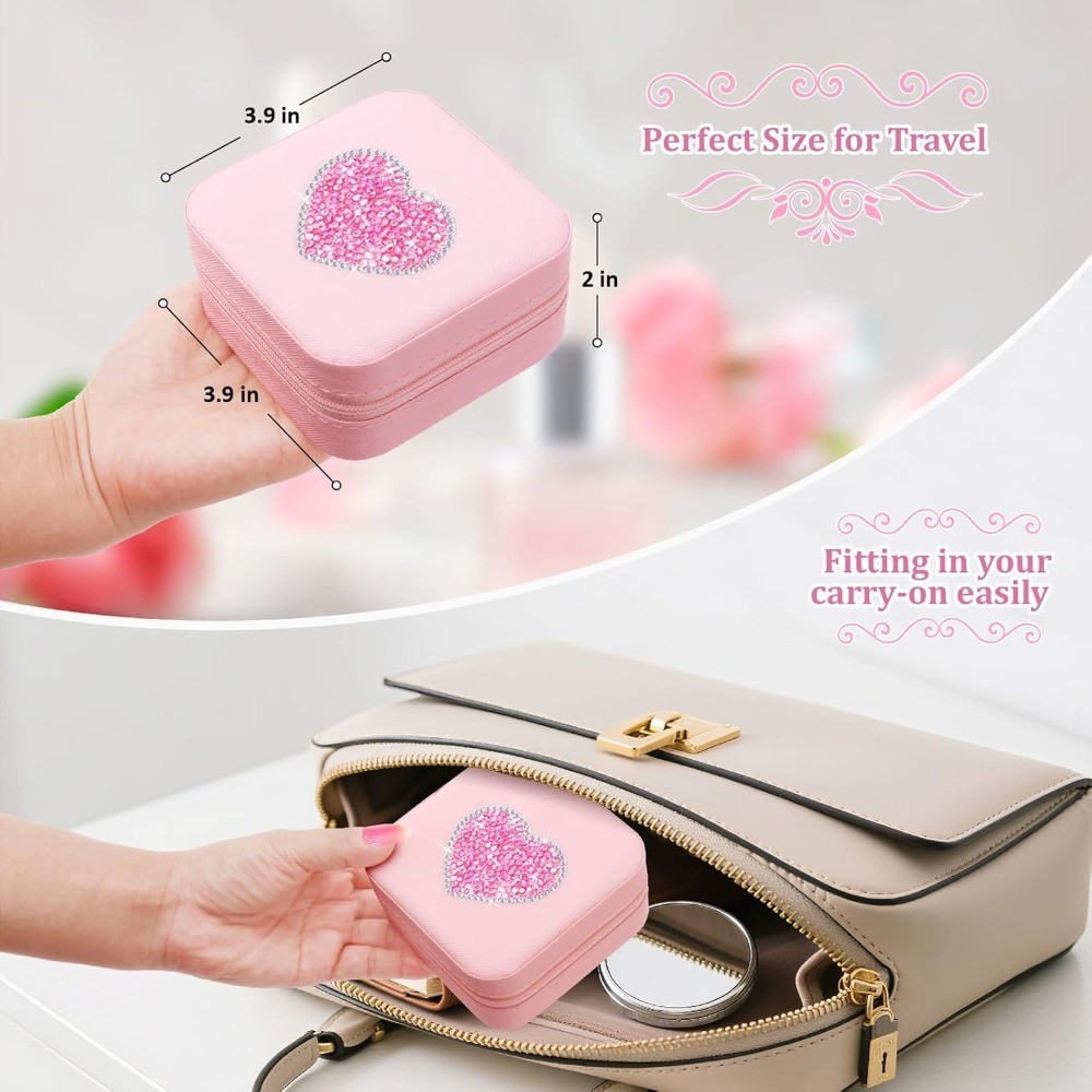 Sparkly Rhinestone Heart Jewelry Box for Girls Women,Glitter Travel Jewelry Case