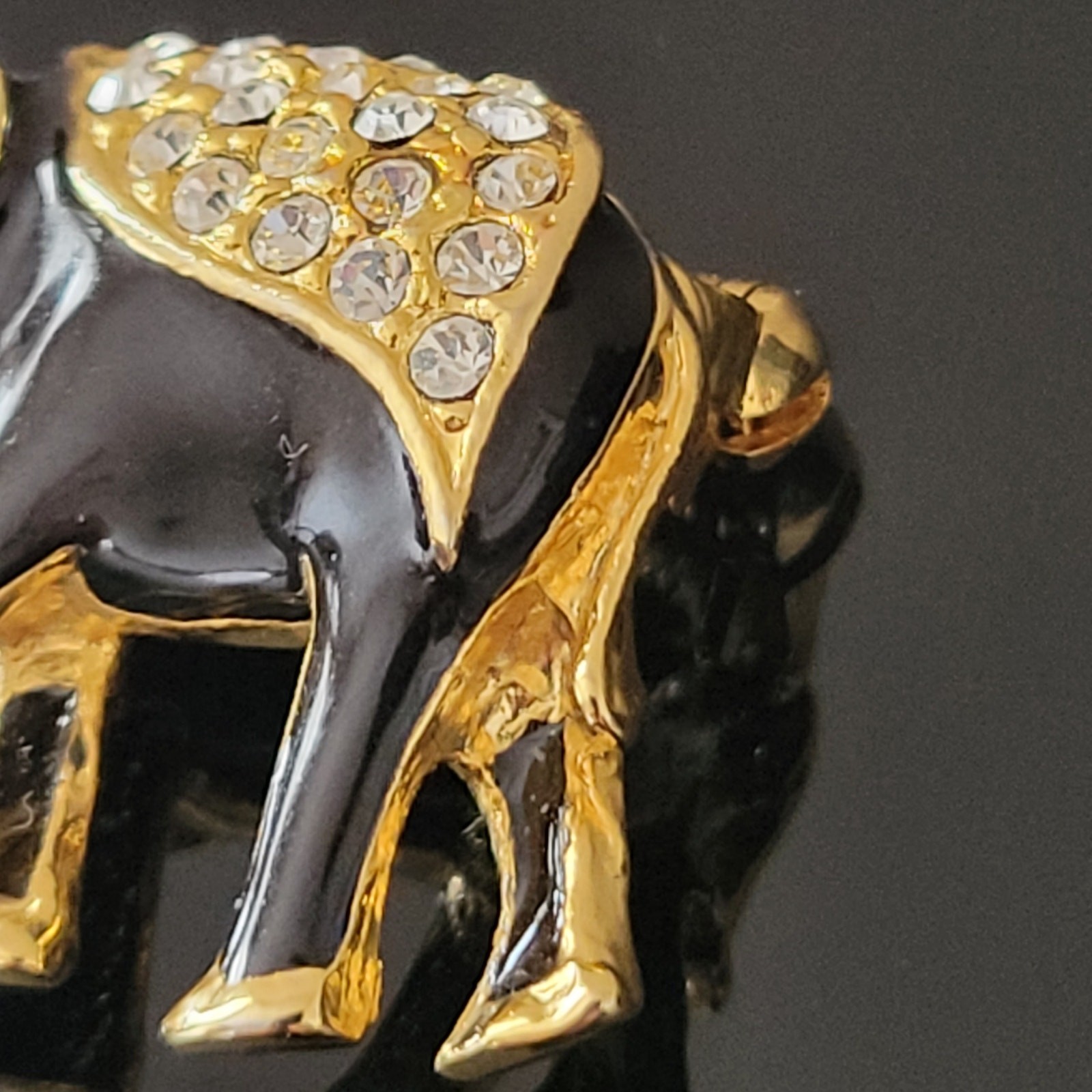 Exquisite Elephant Black and Gold Enamel with Rhinestones on Top and Eye