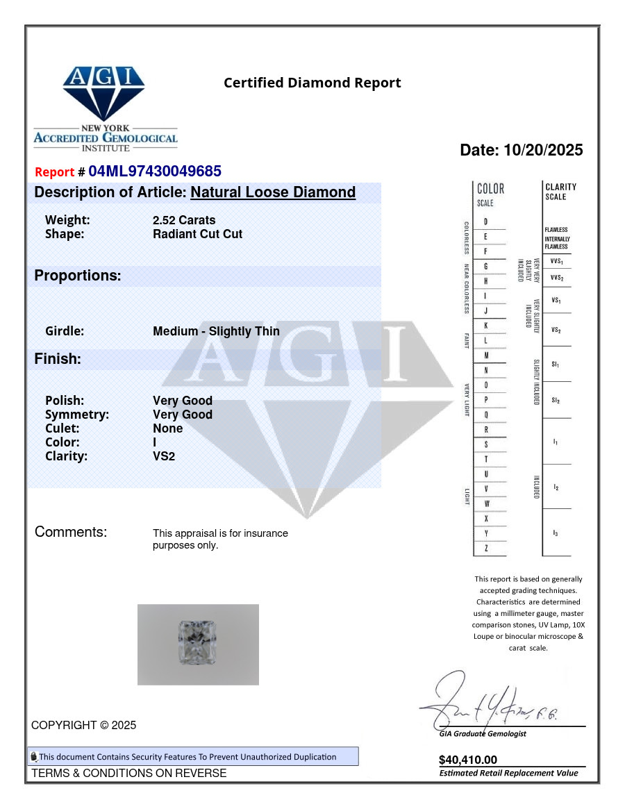 Radiant Cut 2.52 Carat Cert. AGI Natural Mined Diamond Loose I color VS2 clarity
