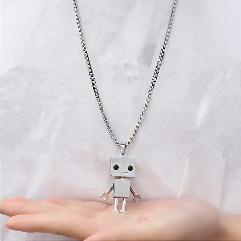 Silver Robot Pendant Necklace Cute Cartoon Toy Figure Geek Gamer Gift Unisex