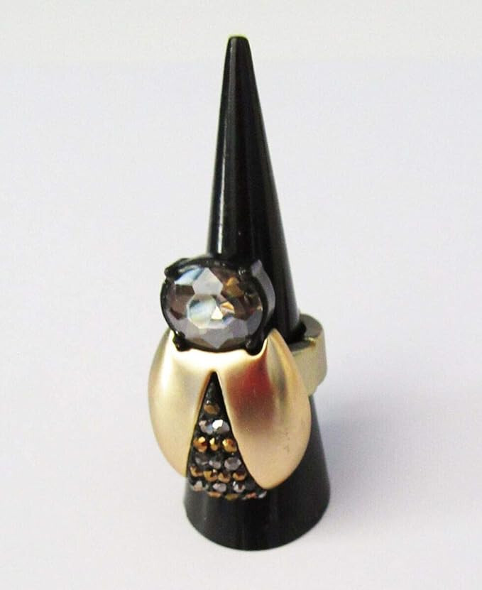 Chico’s Gold Stretch Ring Smoky Crystal Statement Adjustable Fits Size 7-9