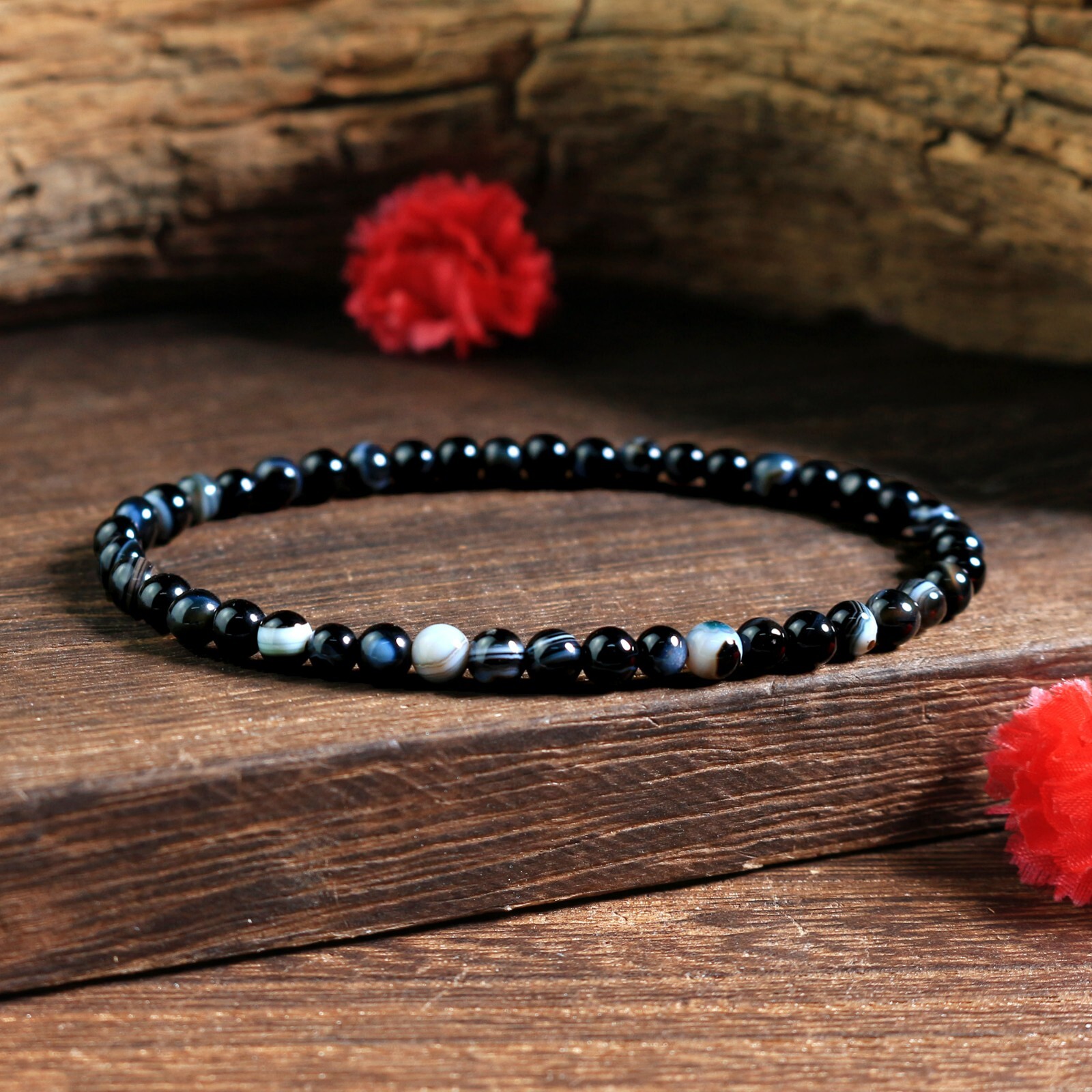 Natural Striped Black Onyx Beads Crystal Healing Reiki Stretch Handmade Bracelet