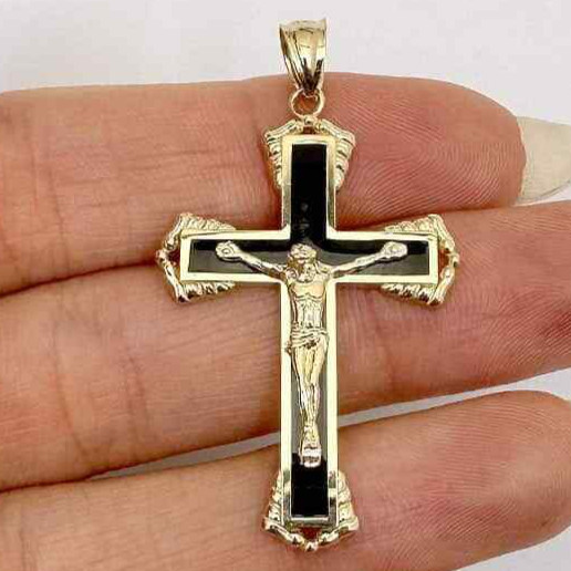 14K Gold Black Religious Crucifix Cross Pendant 1.6″