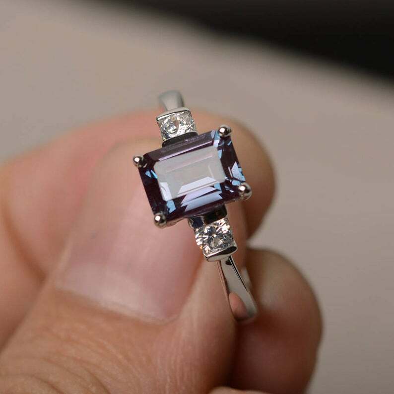 3Ct Emerald Simulated Alexandrite Three Stone Ring 14K White Gold Plated Silver