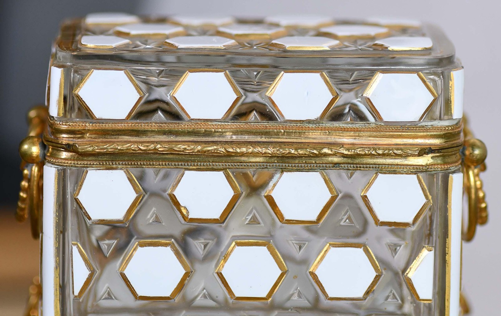 European Glass Box with White Hexagon Design and Bronze Hardware