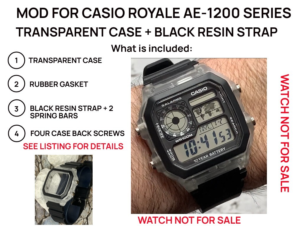 Mod Case & Strap for Casio Royale AE-1200 Transparent Case WATCH NOT INCLUDED