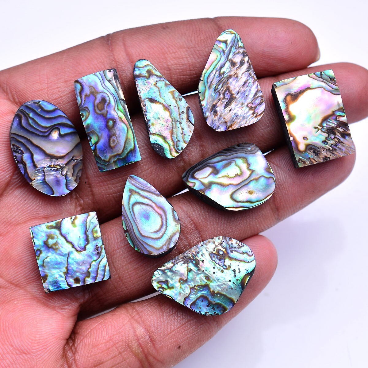 9 Pcs Natural Abalone Shells Rainbow Fire 15.79mm-23.80mm Cabochon Gemstones Lot
