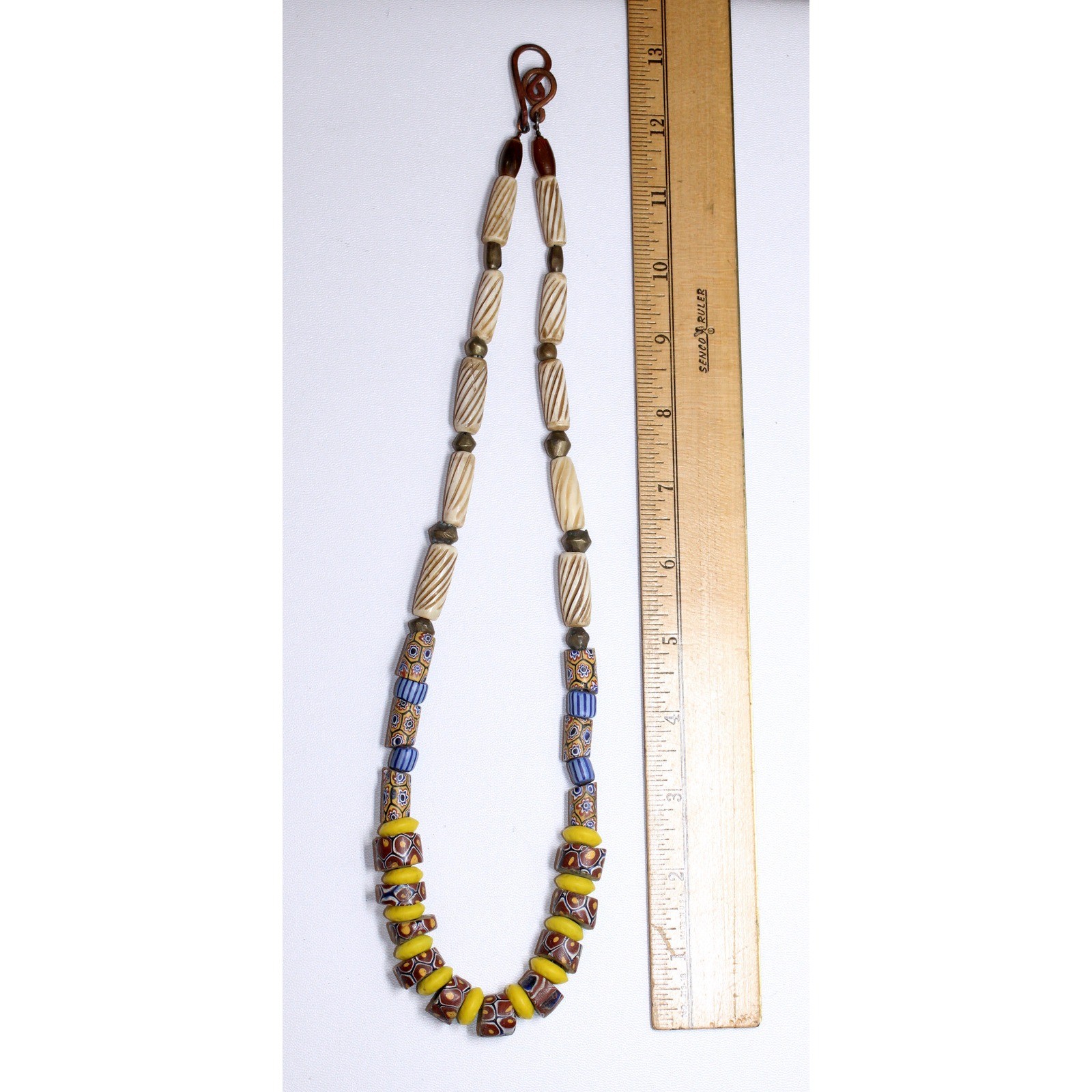 handcrafted Nigerian Trade Bead Necklace 26″ blue yellow brown glass copper