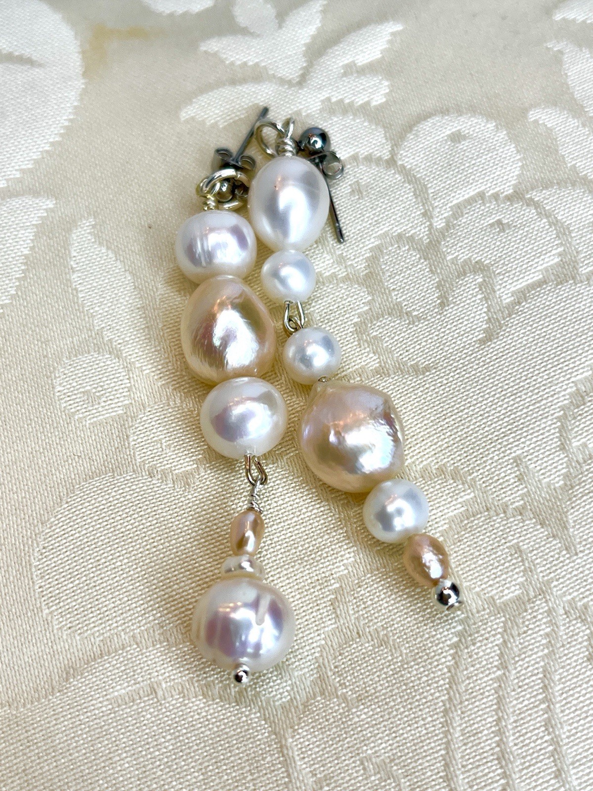 Asymmetric Eclectic Dangling Cream Champagne 12 mm Baroque Pearl Earrings