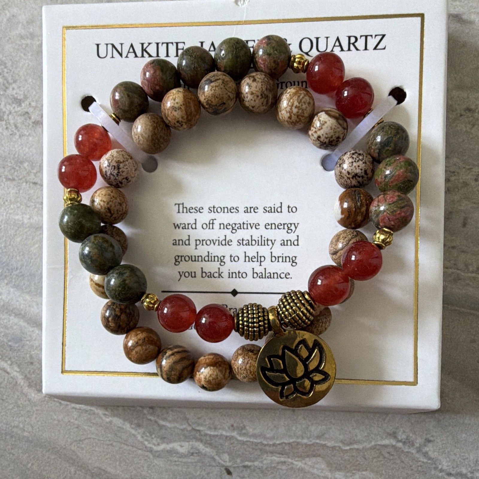 Unakite Jasper Quartz Beaded Stretch Bracelet Brass Lotus Dangle Charm