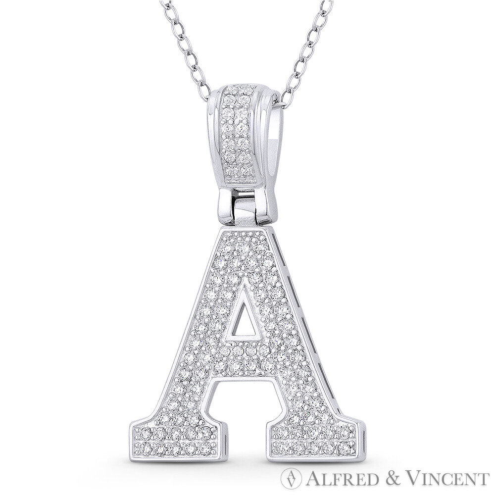 Initial Letter “A” Block Script CZ Crystal 925 Sterling Silver & Rhodium Pendant