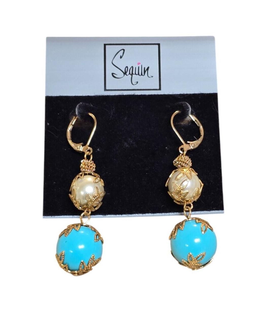Sequin Women’s Lever Back Gold Tone Faux Pearl Blue Statement Earrings NWT