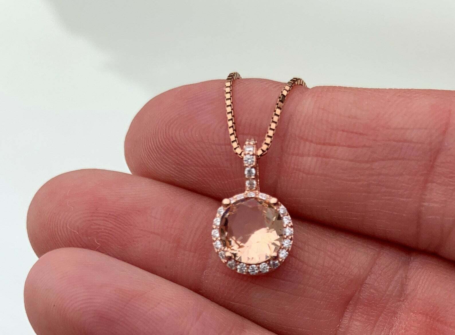 2Ct Round Cut Morganite Diamond Halo Pendant 14K Rose Gold Finish 18″ Free Chain