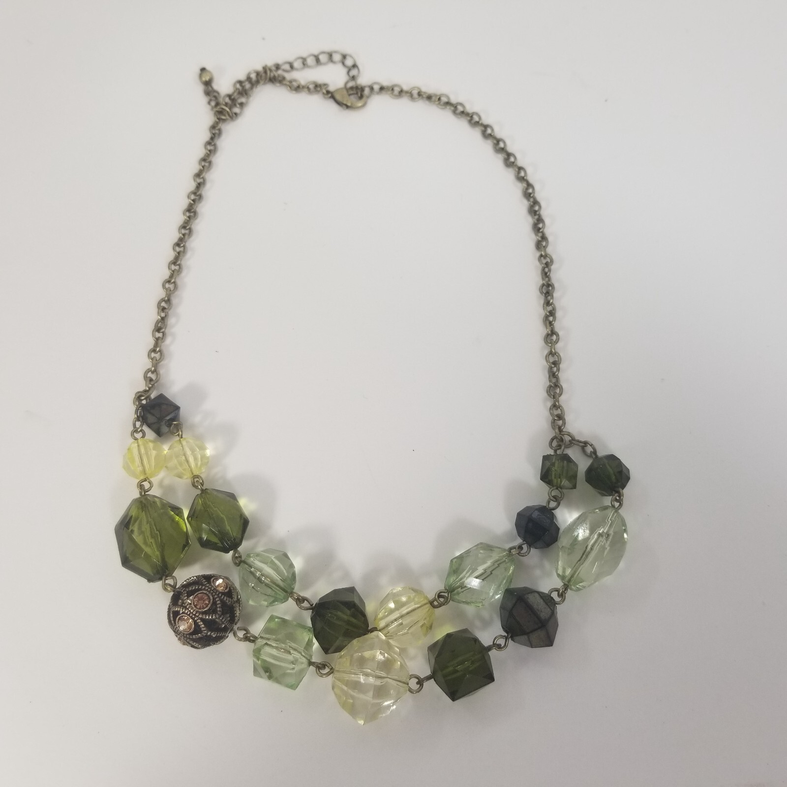 VINTAGE Choker Collar Bib Rhinestone Green Beaded Necklace Double Strand