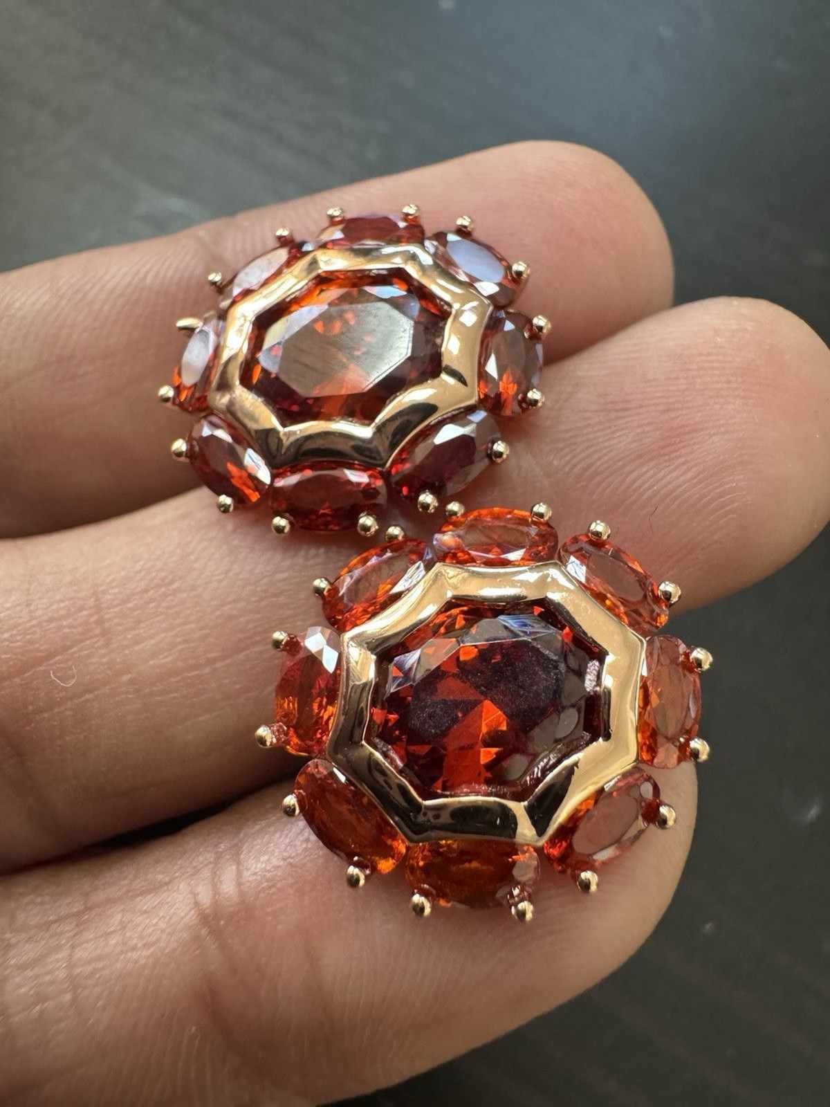 585 14K RG Rose Gold Stamped Cluster Cognac Orange Stud Earrings