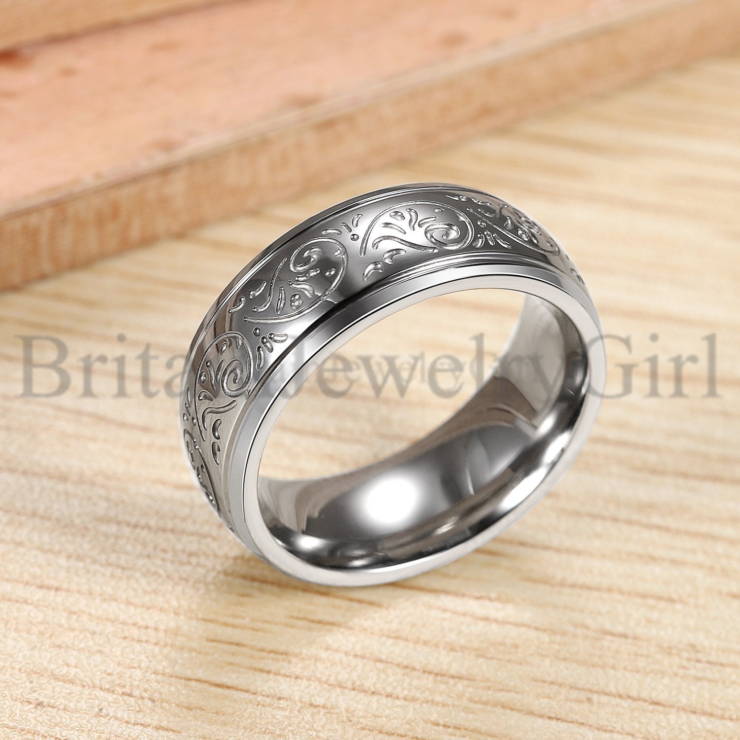 8MM Stainless Steel Florentine Design Men Women Wedding Ring Band Size 7-13
