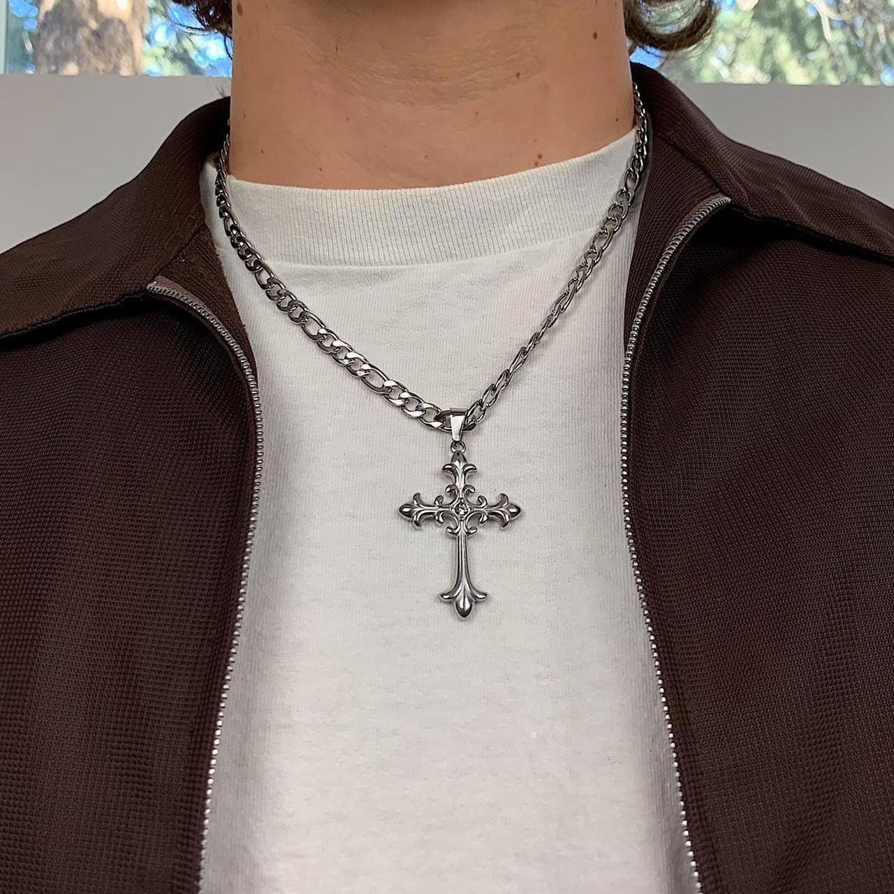 Y2k style Silver Figaro Big Gothic Rhinestone Cross Pendant Necklace. Stainless