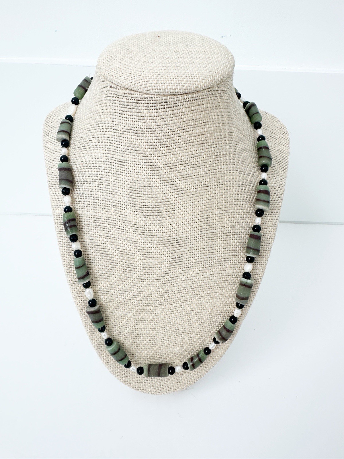 NWT Genuine Lampwork Glass, Black Onyx & Pearls Necklace Green Black White