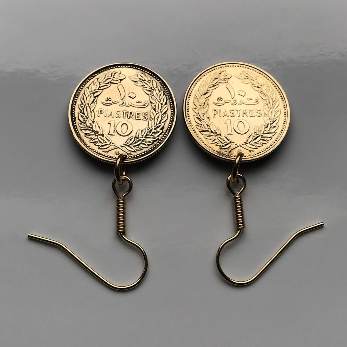 Lebanon Liban 10 Piastres coin earrings cedar tree Beirut Tripoli Baabda e000142