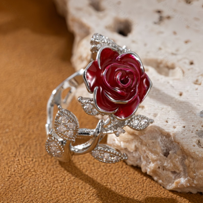 Red Rose Flower Ring Zircon Crystal Floral Statement Jewelry Gift for Women