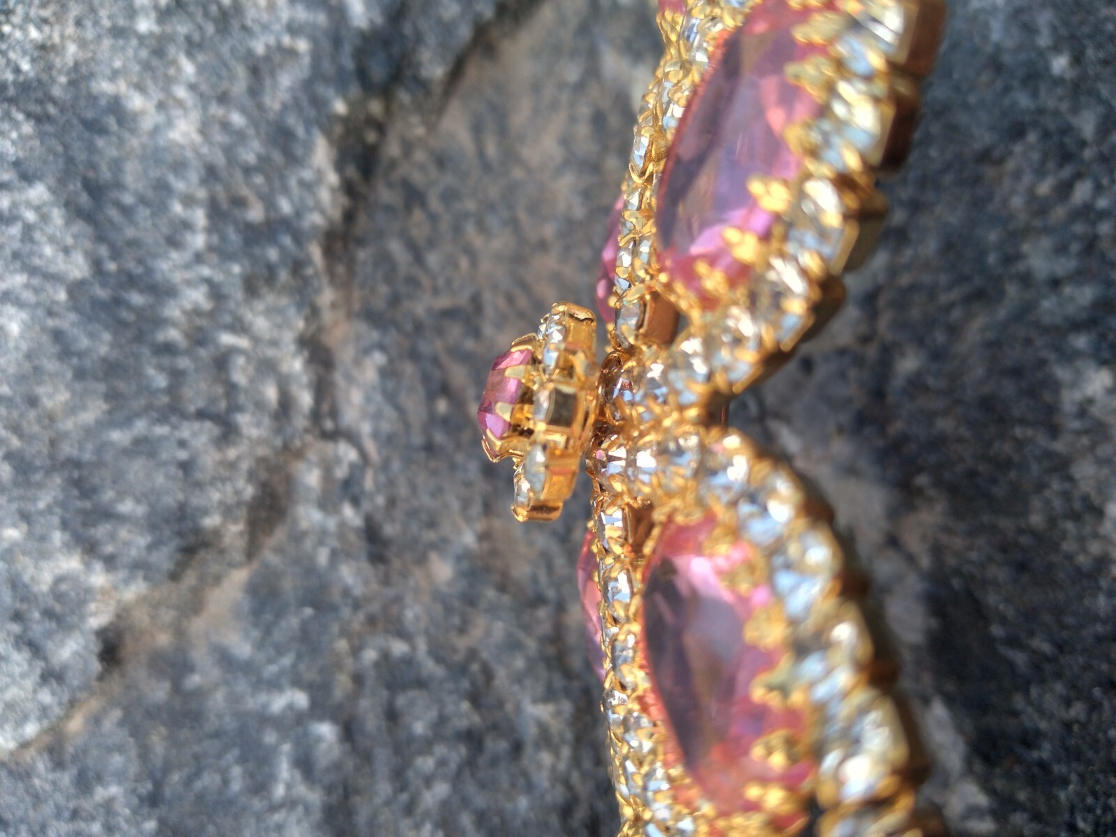 Sparkly Pink Rhinestone Brooch Gold Tone Statement 3.75 in Vintage