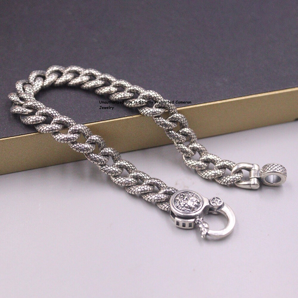 Pure S925 Sterling Silver Chain Men 9mm Dragon Curb Link Bracelet 34-35g 7.9inch