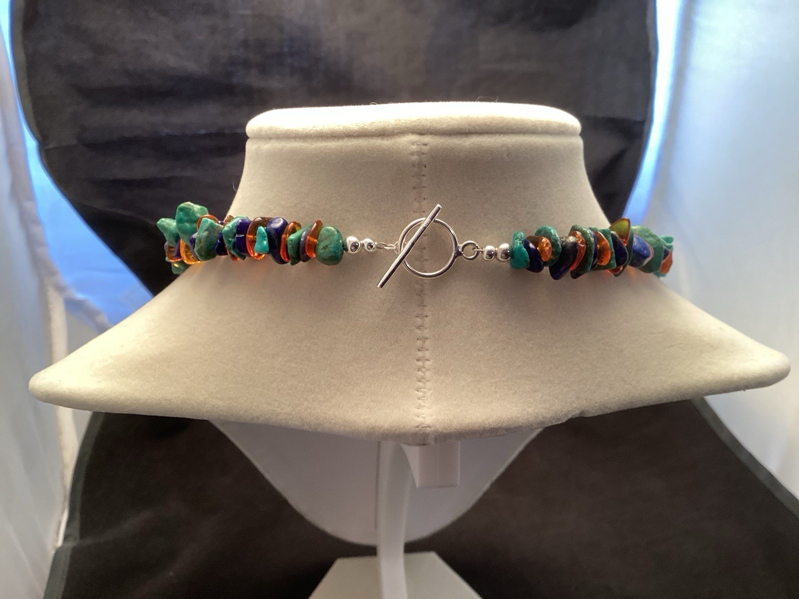 Sterling Silver Turquoise Round Lapis And Amber Chip Beaded Necklace 20.5”